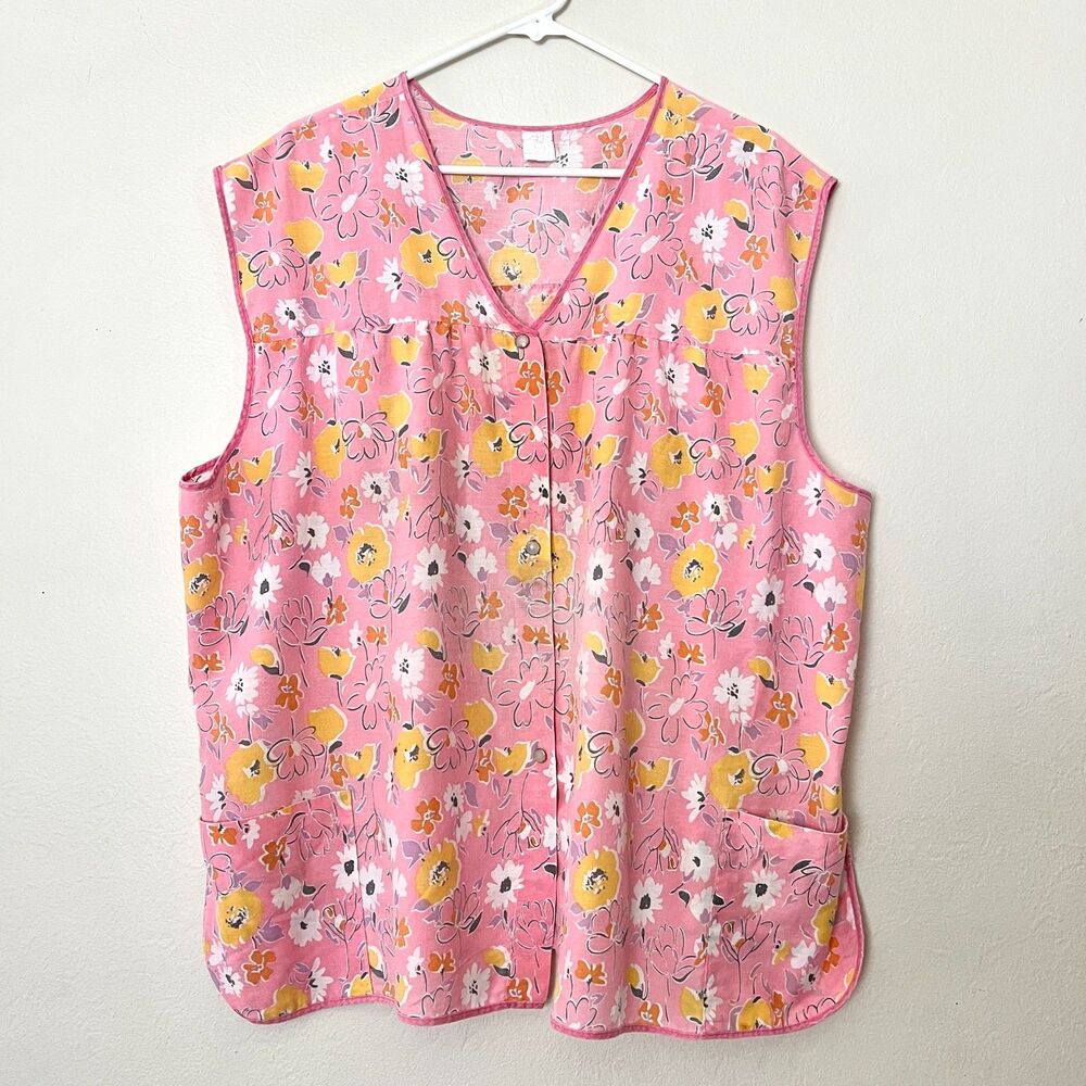 Vintage Artistic Creation Pink Floral Art Smock Apron Size 2X WITH FLAWS
